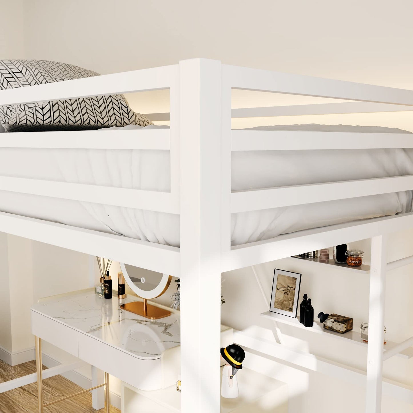 ikalido Twin Size Loft Bed, Multifunctional Metal Twin Bed with Safety Guard & Removable Ladder, Space-Saving Bed Frame for Small Bedroom, Matte White