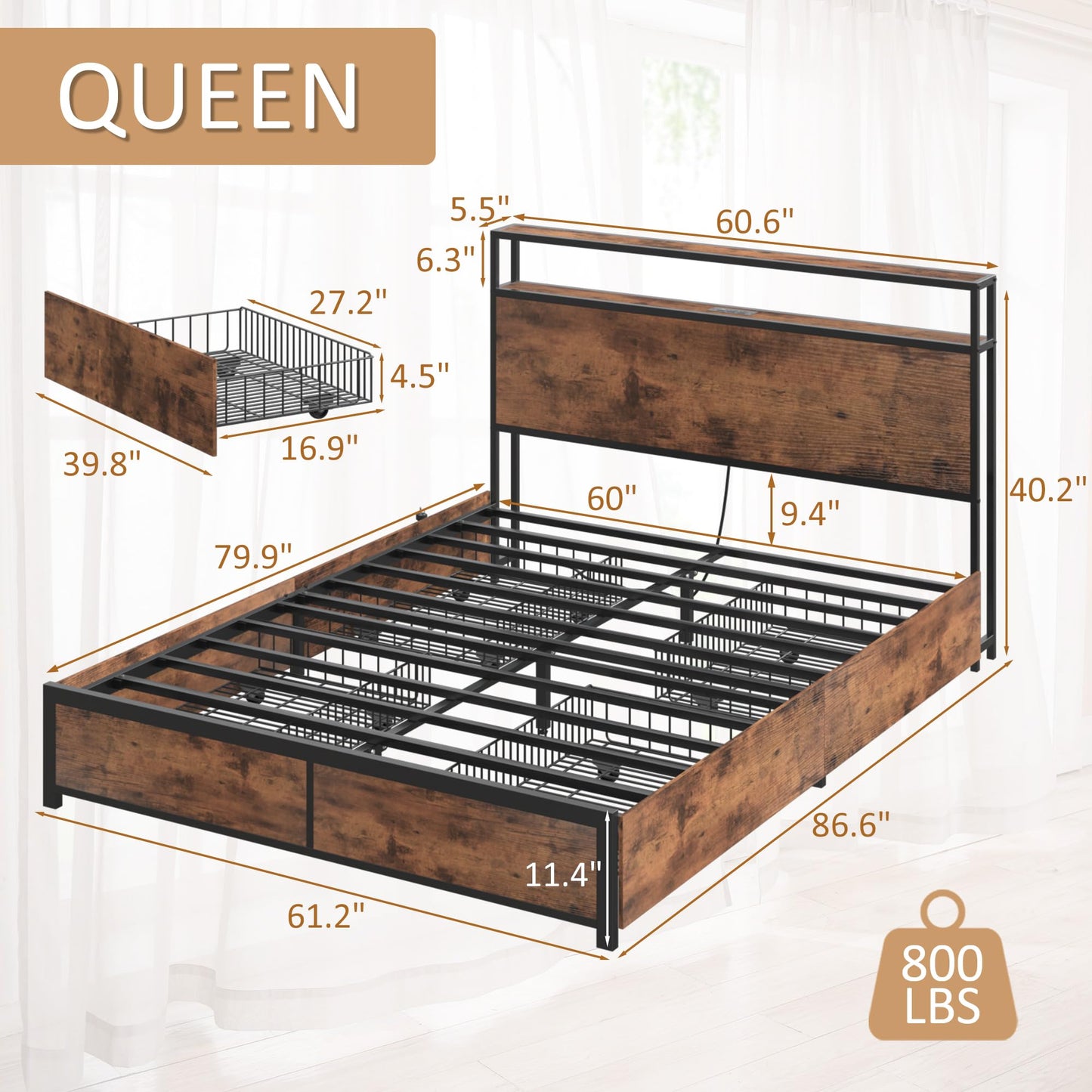Lifezone Bed Frame with 2-Tier Storage Headboard, Metal Platform Bed Frame with 4 Storage Drawers, Built in Charging Station & LED, Noise-Free/Metal Support/No Box Spring Needed, Vintage Brown