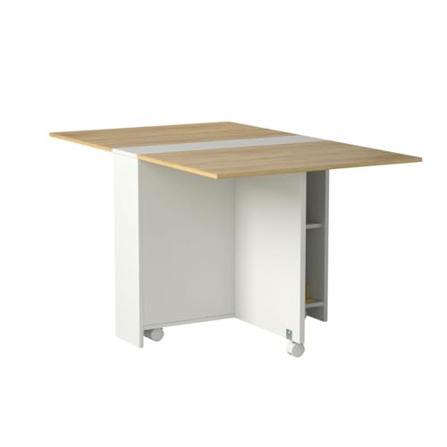Tiptiper Folding Dining, Versatile Dinner Table with 6 Wheels and 2 Storage Racks, Space Saving Kitchen, Dining Room Table, 31.5 in x 51.2 in x 28.4 in, Pear Wood Color and White