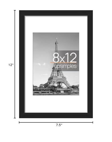 upsimples 8x12 Picture Frame, Display Pictures 6x8 with Mat or 8x12 Without Mat, Wall Hanging Photo Frame, Black, 1 Pack