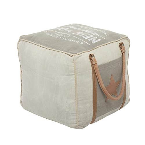 Deco 79 Canvas Pouf with Leather Handles, 21" x 21" x 19", Cream