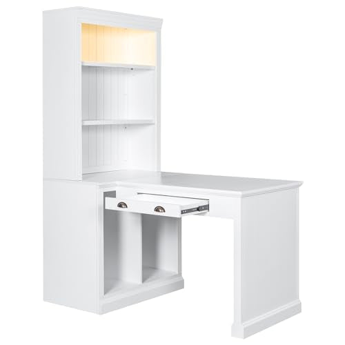 Merax 83.4" Tall Storage Bookshelf&Writting Desk Suite with LED Lighting,Drawers,Open Shelves,2-Piece Set for Living Room,White