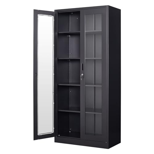 PEUKC Display Cabinet with Glass Doors, Curio Cabinets with 4 Adjustable Shelves, Locking Glass Cabinet Display Case for Home, Office, Clinic, Pantry, Assemble Required, Black