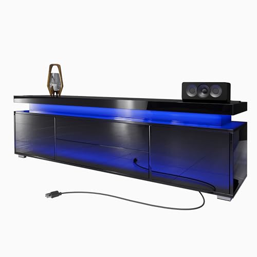 VVFLU LED TV Stand Black High Gloss for 55/65/70 inch TV, Modern Entertainment Center with Storage, Gaming TV Stand, Media Console with Lights, Power Outlet, Adjustable Shelf, Living Room, Bedroom