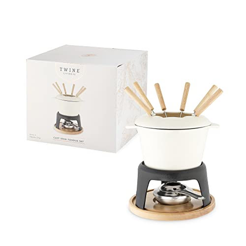 Twine Farmhouse Kitchen Enamel Cast Iron Fondue Set Cheese Melting Pot Metal Stand with Stainless Steel Forks and Chrome Gel Burner, 8.5", Off-Cream