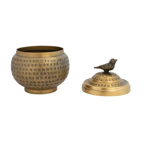 Creative Co-Op Hammered Aluminum Sphere Lid and Bird, Antique Brass Finish Container