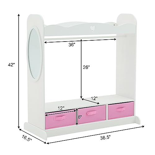 RELIANCER Kids Armoire Dress-Up Closet w/Mirror,Open Hanging Wardrobe w/Clothes Rack,Toddlers Pretend Play Costume Storage Dresser,Children Costume Organizer Center for Nursery Girl Bedroom Playroom