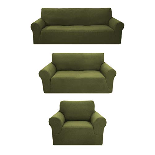 LinenTopia 3-Piece Couch Cover Set, Sofa, Loveseat, and Arm Chair Slipcovers, Form fit Stretch, Wrinkle Free, Furniture Protector, Premium Brushed Sofa Covers for Living Room (Green)