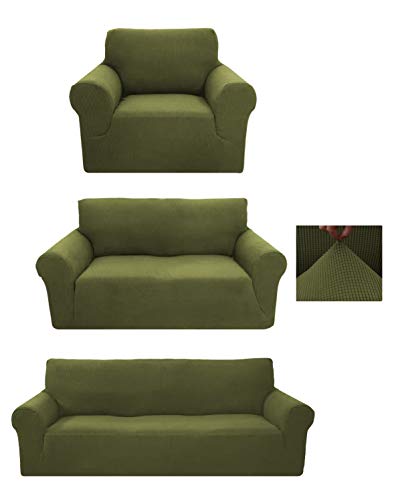 LinenTopia 3-Piece Couch Cover Set, Sofa, Loveseat, and Arm Chair Slipcovers, Form fit Stretch, Wrinkle Free, Furniture Protector, Premium Brushed Sofa Covers for Living Room (Green)