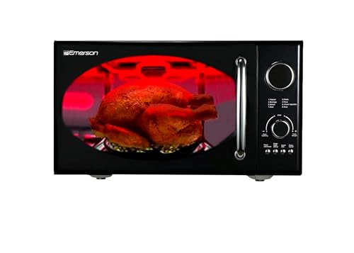 Emerson MWRG0901BK Retro Compact Countertop 800W Microwave Oven with 1,000W Grill Function, LED Display, 5 Power Levels, 8 Auto Menus, Glass Turntable and Child Safe Lock, 0.9 Cu. Ft., Black