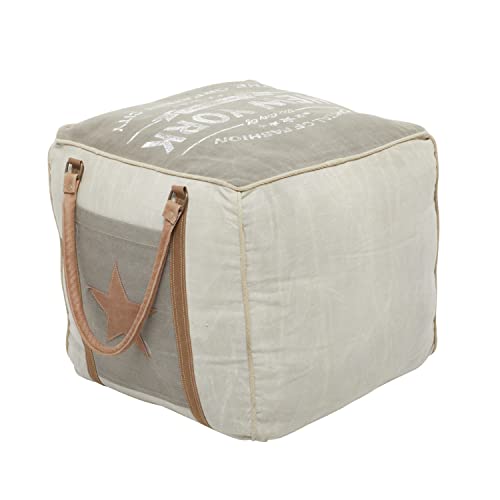 Deco 79 Canvas Pouf with Leather Handles, 21" x 21" x 19", Cream