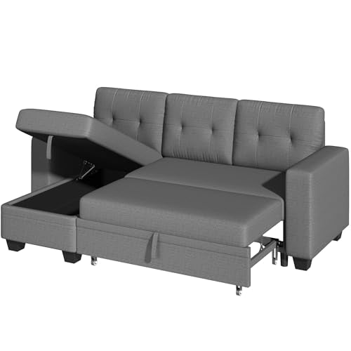 Furniwell Sleeper Sofa, Reversible Sectional Couch Tufted Linen Backrest L-Shape Pull Out Couch Bed with Storage Chaise Lounge for Living Room, Small Apartment, Dorm, Dark Gray