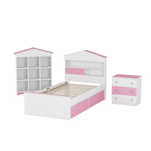 Merax 3-Pieces Bedroom Sets, Twin Size Wooden Bed Frame with House-Shaped Storage Headboard, 3-Drawer Nightstand and Nine Compartments Bookshelf, Cute Design for Boys Girls Kids' Room, Pink+White