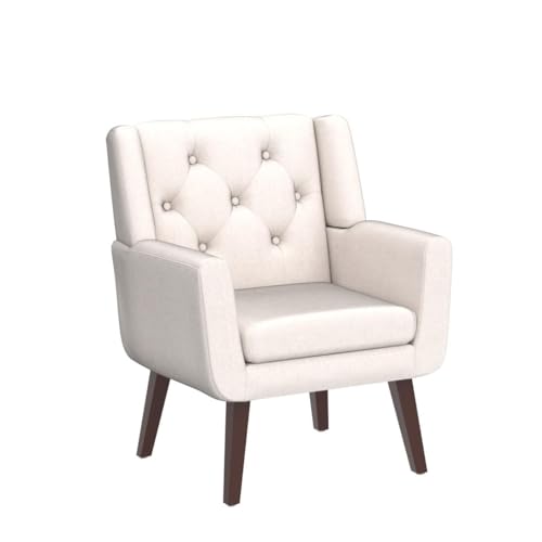 Accent Reading Chair Button-Tufted Upholstered Comfy Mid Century Modern Chair with Linen Fabric Lounge Arm Chairs for Living Room Bedroom (Beige)