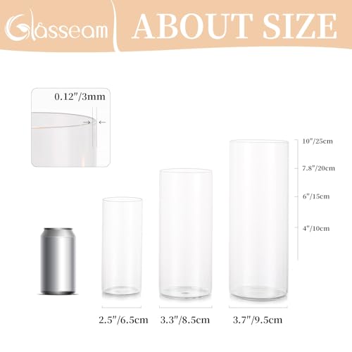 Glasseam Hurricane Candle Holder Set of 3, Glass Cylinder Candle Holders for Pillar Candles, Clear Cylinder Vases for Centerpieces Modern Floating Candle Vase for Flowers Wedding, 6''+7.8''+10''