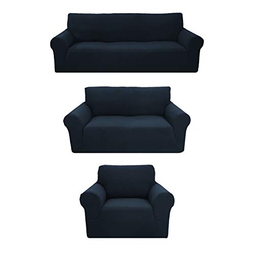 LinenTopia 3-Piece Couch Cover Set, Sofa, Loveseat, and Arm Chair Slipcovers, Form fit Stretch, Wrinkle Free, Furniture Protector, Premium Brushed Sofa Covers for Living Room (Blue)