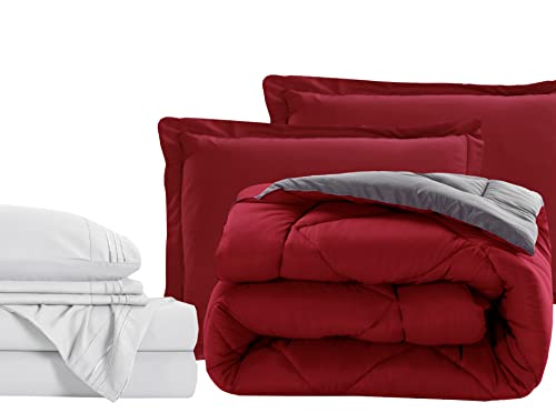 Elegant Comfort 7-Piece Bed-in-a-Bag Comforter & Sheet Set- Luxury 1500 Thread Count 7-Piece Split King Size Bed-in-a-Bag, Cozy Bed Sheets and Comforter Set, Wrinkle and Stain Resistant, Red/Gray