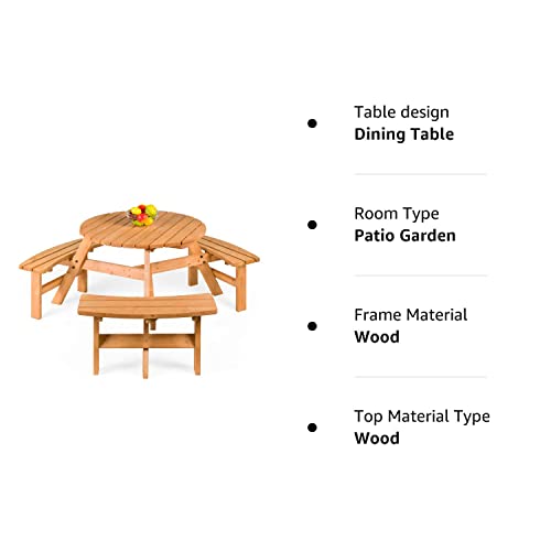 Best Choice Products 6-Person Circular Outdoor Wooden Picnic Table for Patio, Backyard, Garden, DIY w/ 3 Built-in Benches, 500lb Capacity - Natural