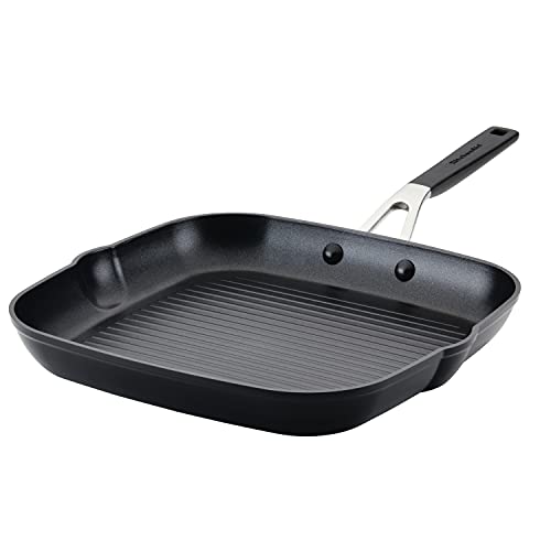 KitchenAid Hard Anodized Nonstick Square Grill Pan/Griddle with Pour Spouts, 11.25 Inch, Onyx Black