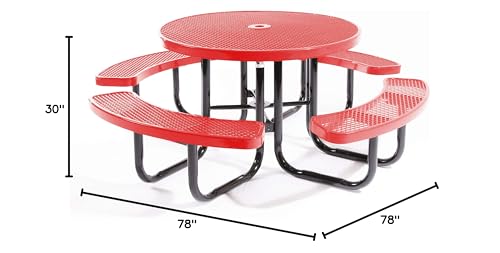 Coated Outdoor Furniture Heavy-Duty Portable Outdoor Picnic Table with Umbrella Hole, Expanded Metal Commercial-Grade Patio Dining Furniture Made in America (46" Round Top, Red)