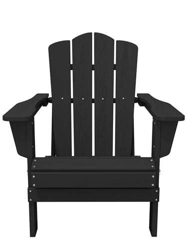 KINGYES Folding Adirondack Chair, HDPE All-Weather Folding Adirondack Chairs, Outdoor Patio Adirondack Chair for Deck Lawn fire Pit, Black