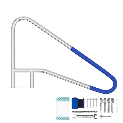 Oswerpon Pool Handrail, 54" x 36" Pool Railings for Inground Pools, 304 Stainless Steel Pool Handrails with Blue Nylon Grip Cover & Inflatable Float Hammock, Quick Mount Accessory Included