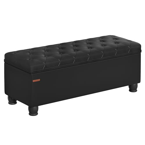 SONGMICS Storage Ottoman, Storage Bench, Tufted Entryway Bedroom Bench, 17.7 x 46.5 x 17.7 Inches, Hinges Easy Lid Operation, Wooden Legs, Synthetic Leather, Loads 330 lb, Classic Black ULOM071B01