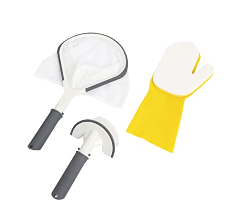 Bestway SaluSpa All-in-One 3 Piece Maintenance Cleaning Tool Accessory Set with Scrub Brush, Mitt, and Skimmer Net for Hot Tub and Spa