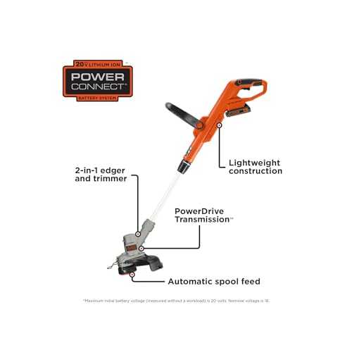 BLACK+DECKER 20V MAX Cordless String Trimmer, 2 in 1 Trimmer and Edger, 12 Inch, Battery Included (LST300)