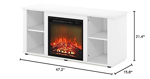 Furinno Jensen Entertainment Center Stand with Fireplace for TV up to 55 Inch, Corded Electric, White