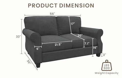 Loveseat Sofa - 56" Small Couch Mid Century Modern Flannel Love Sofas Small Space Saving Upholstered 2 Seater Love Seat Couches for Living Room Bedroom Home Office Apartment and Small Space, Dark Grey