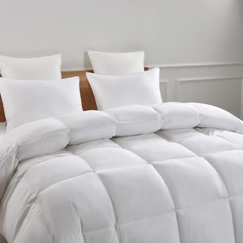 Serta Goose Feather Down Fiber Cotton Comforter Queen Size - 100% Cotton Duvet Insert - Hotel Luxury Hypoallergenic Bedding Comforter All Season Medium Warmth 90 x 90 Inch White