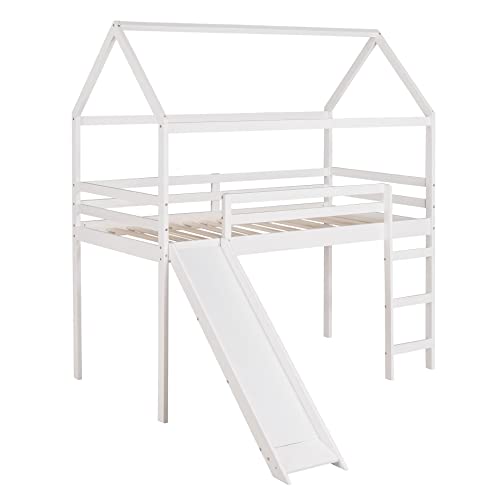 SPOFLYINN Twin Loft Bed Sturdy Solid Wood Loft Bed Bedroom Furniture Twin Size Bed Frame with Safety Guardrail Slide Ladder Slat Support Easy Assembly for Kids Teens Bedroom Guest Room