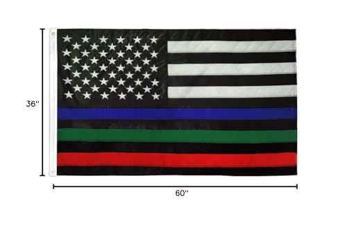 Thin Blue Green Red Line USA Flag 3x5 ft - Outdoor Heavy Duty Nylon Flag for High Winds, Support the Police Law Enforcement Firefighters Flag - Black White American Flag - House Room Roof Garden Flag