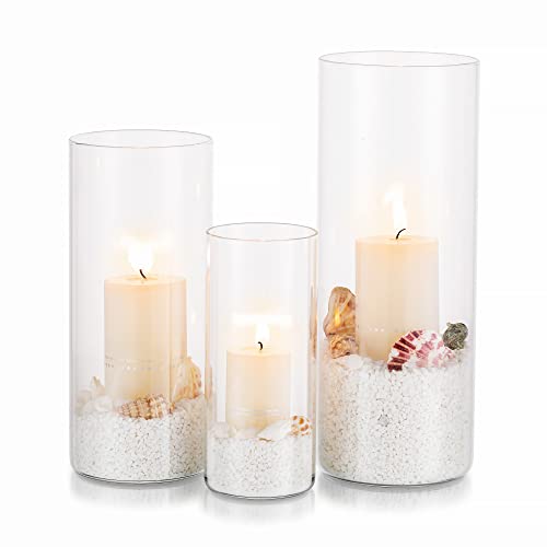 Glasseam Hurricane Candle Holder Set of 3, Glass Cylinder Candle Holders for Pillar Candles, Clear Cylinder Vases for Centerpieces Modern Floating Candle Vase for Flowers Wedding, 6''+7.8''+10''