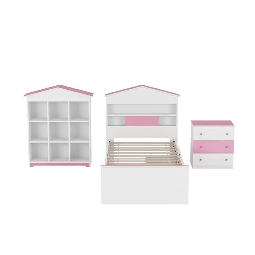 Merax 3-Pieces Bedroom Sets, Twin Size Wooden Bed Frame with House-Shaped Storage Headboard, 3-Drawer Nightstand and Nine Compartments Bookshelf, Cute Design for Boys Girls Kids' Room, Pink+White