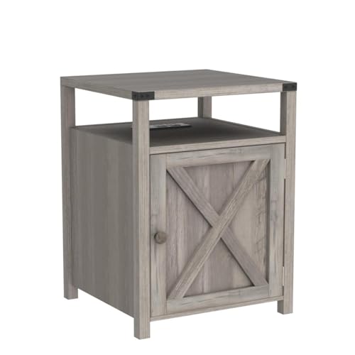 HOSEOKA Farmhouse Nightstand with Charging Station, Rustic End Table Bedroom with Storage Living Room Side Table Grey Night Stand Industrial Bedside Bed Table with USB Ports and Outlets