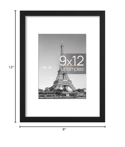 upsimples 9x12 Picture Frame, Display Pictures 6x8 with Mat or 9x12 Without Mat, Wall Hanging Photo Frame, Black, 1 Pack