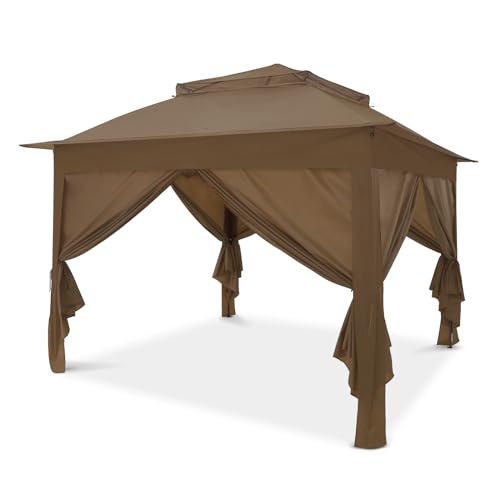 COOS BAY 11x11 Pop-up Instant Gazebo Tent with 4 Sidewalls Outdoor Canopy Shelter with Carry Bag, Stakes and Ropes, Brown
