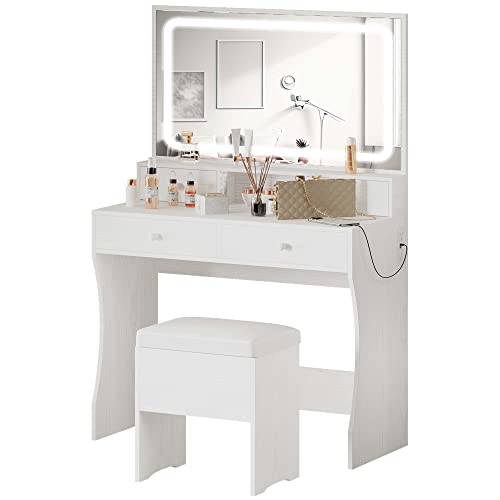 IRONCK Vanity Desk with LED Lighted Mirror & Power Outlet, Makeup Vanities Table with 4 Drawers,Storage Bench,for Bedroom White