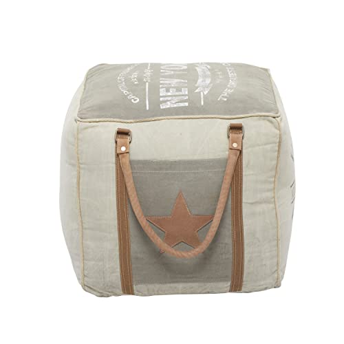 Deco 79 Canvas Pouf with Leather Handles, 21" x 21" x 19", Cream