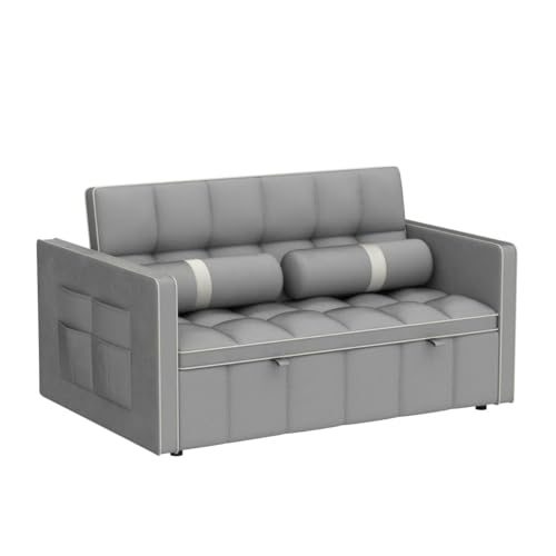 3 in 1 Sleeper Sofa Couch Bed, Small Tufted Velvet Convertible Loveseat Futon Sofa w/Pullout Bed, Adjustable Backrest, Cylinder Pillows, Multi-Pockets for Living Room Apartment, Grey, 55.5"