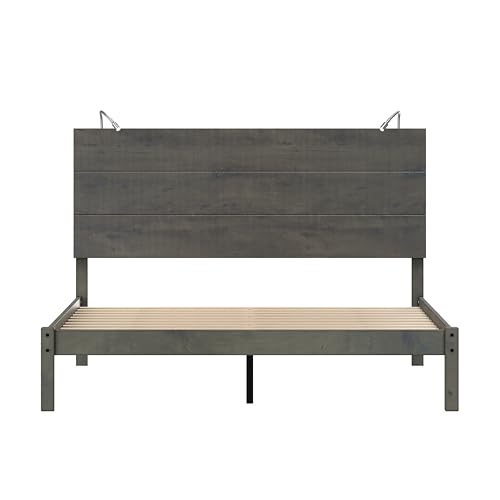 Linique Rustic Style 3-Pieces Bedroom Sets,Full Size Farmhouse Platform Bed with Two Bedside Lights, 2-Drawer Nightstand,Antique Gray