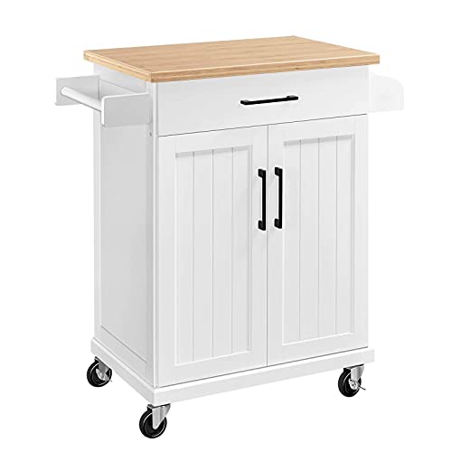 Yaheetech Kitchen Cart with Bamboo Tabletop, 34.5" Width Rolling Kitchen Island with Drawer and Adjustable Shelf, Storage Cabinet with Spice Rack Towel Bar for Dining Room Kitchen Living Room, White