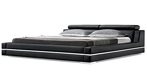 ZURI Hera Genuine Black Leather Platform Bed with Adjustable Headrests - Queen