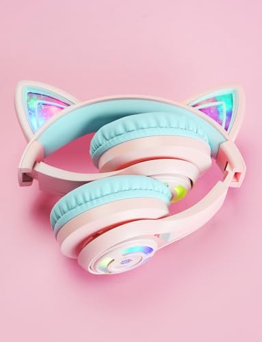 iClever Cat Ear Kids Bluetooth Headphones, LED Lights Up, 74/85dBA Safe Volume Limited, 50H Playtime,Bluetooth 5.2, USB C, Kids Headphones Wireless for Travel iPad Tablet, Meow Macaron Pink