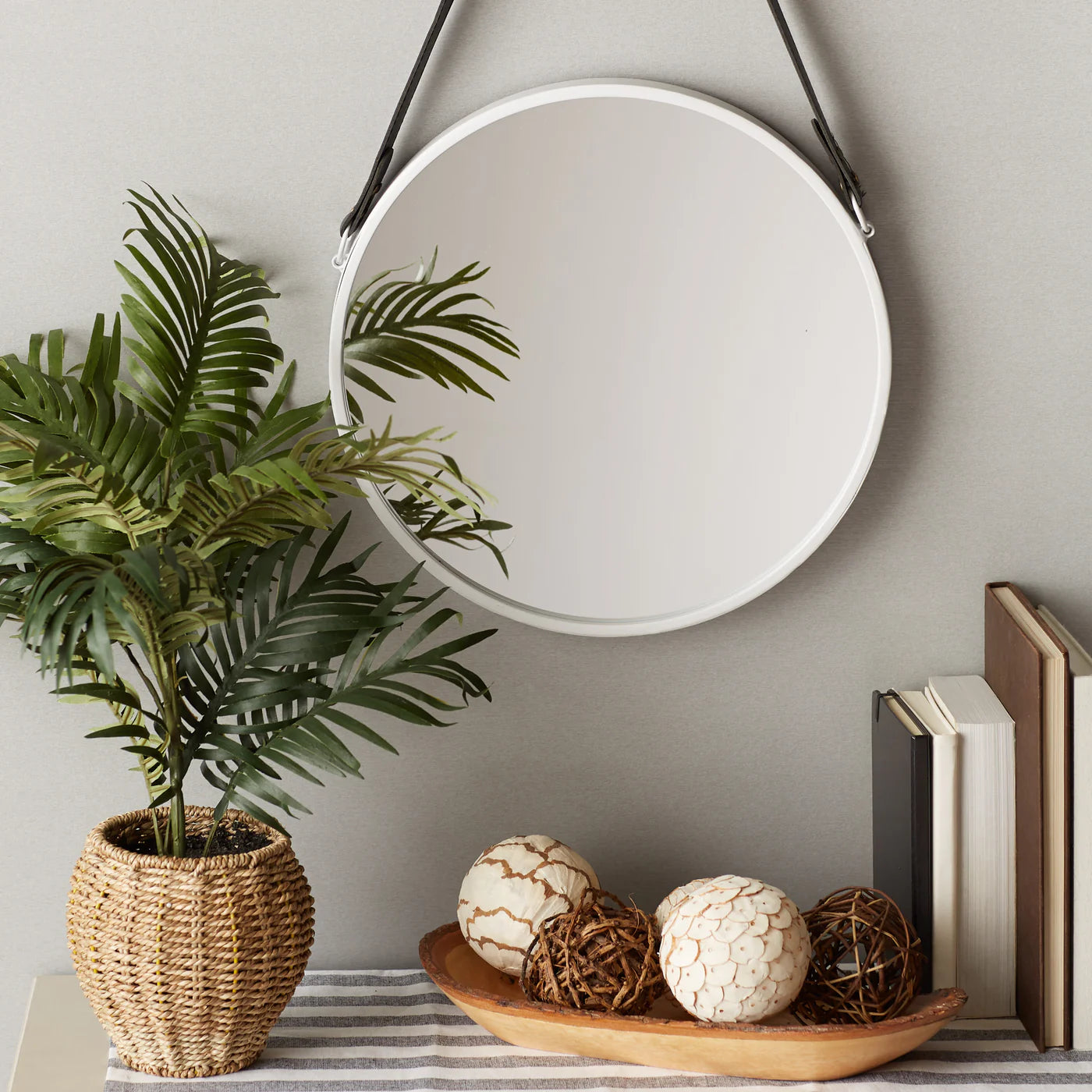 Hanging White Mirror with Faux Leather Strap