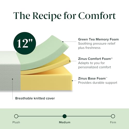 Zinus 12 Inch Green Tea Memory Foam Mattress [New Version], Fiberglass Free, Medium Firm Feel, Zoned Pressure Relief, Certified Safe Foams & Fabric, Bed-in-A-Box, King