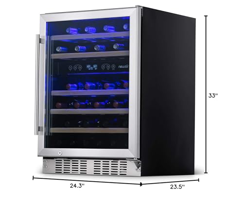 NewAir 24" Wine Cooler, 46 Bottle Dual Zone Wine Refrigerator, Built-in Small Wine Fridge | Stainless Steel Mini Fridge with Lock and Recessed Kickplate, for Home Kitchen Cabinet, Bar Cabinet