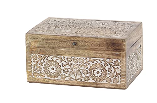 Deco 79 Mango Wood Floral Decorative Box Decorative Keepsake Boxes with Hinged Lid, Set of 3 Storage Boxes 8", 10", 12"W, Brown